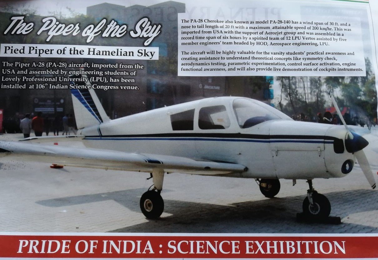 Newspaper feature: "The Piper of the Sky" — PA-28 aircraft project supported by Aerozjet group, 106th Indian Science Congress