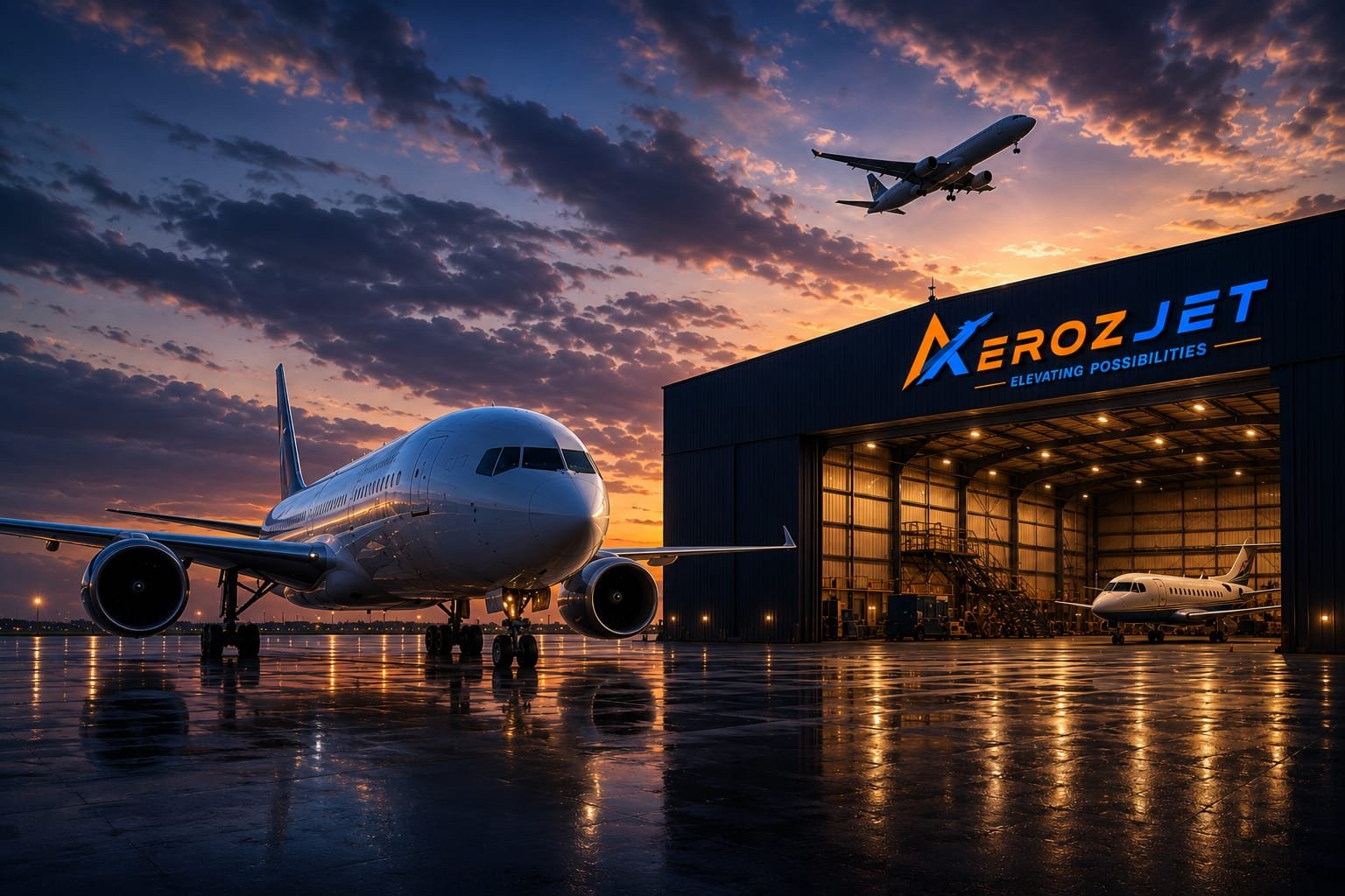 AeroZjet hangar at dusk with aircraft on the apron and one taking off